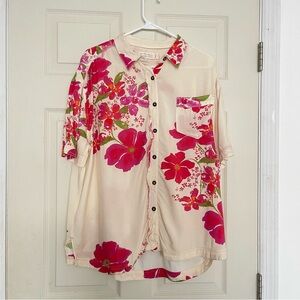 We The Free Ivory and Pink Floral Share Good Vibes Button Down Shirt